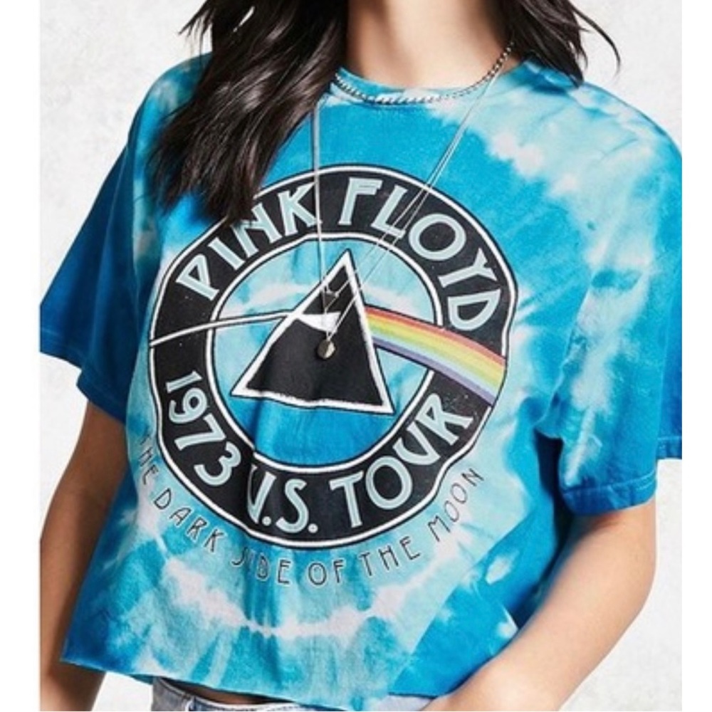 Pink Floyd Tie Dye Crop Top Shirt Women Medium Band Tee T-shirt Blue White.